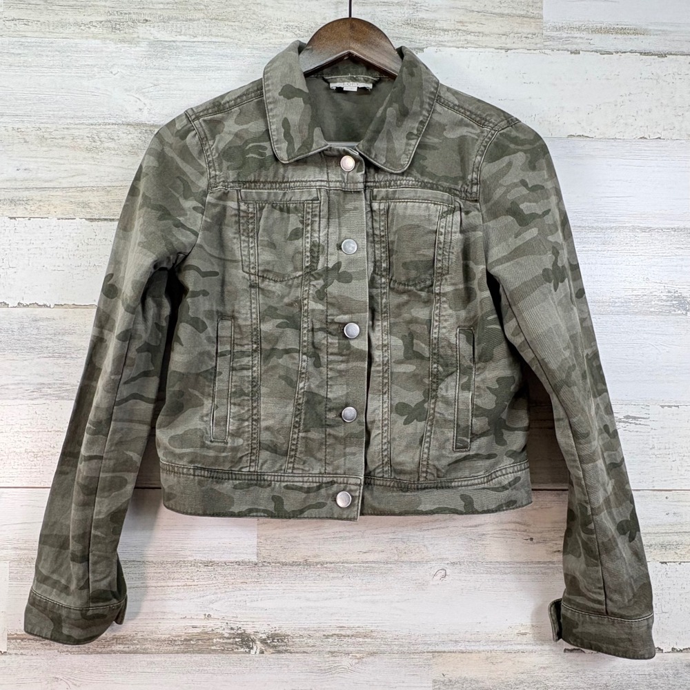 Loft Green Gray Camo Denim Jean Trucker Jacket Green Camouflage Cotton XS